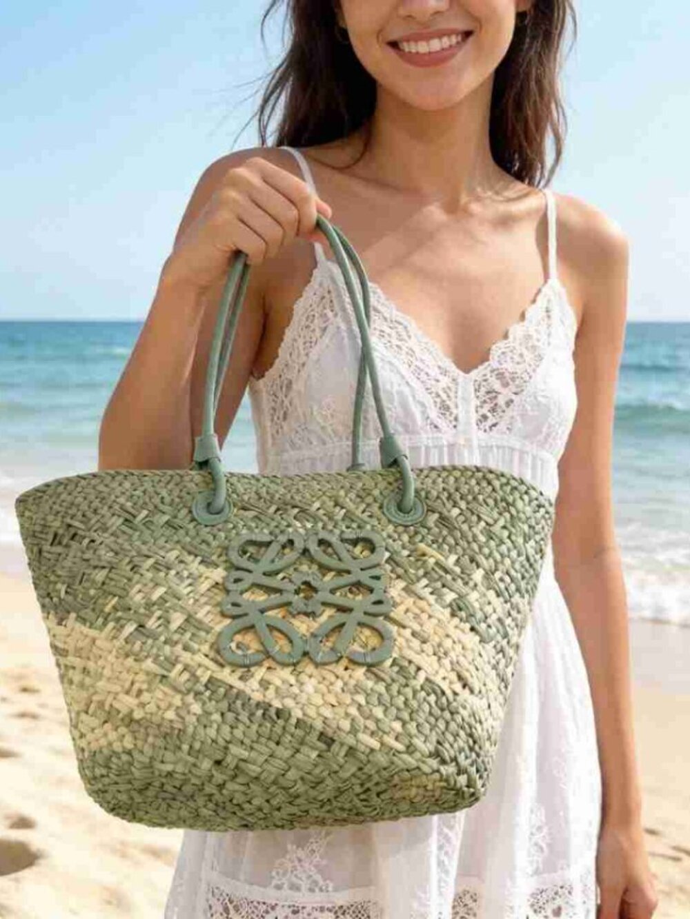 Loewe Gradient Green Straw Tote Bag